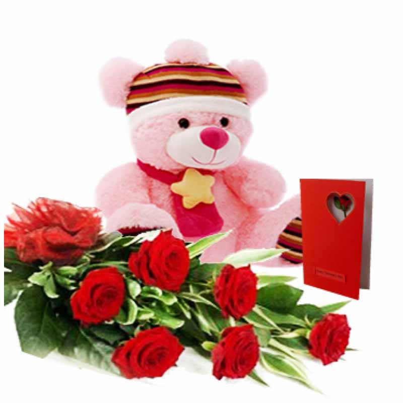 6 Red Roses Bunch , 1 Teddy Bear and Greeting Card